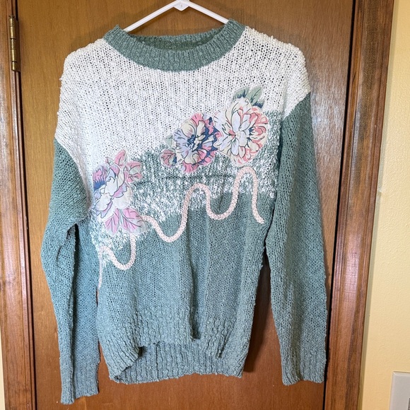 American Vintage Sweaters - American Vintage Floral Knit Sweater - Green and White